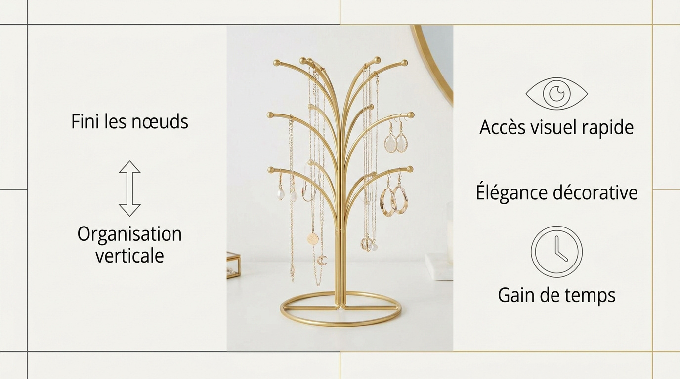 Arbre porte-bijoux design en métal doré