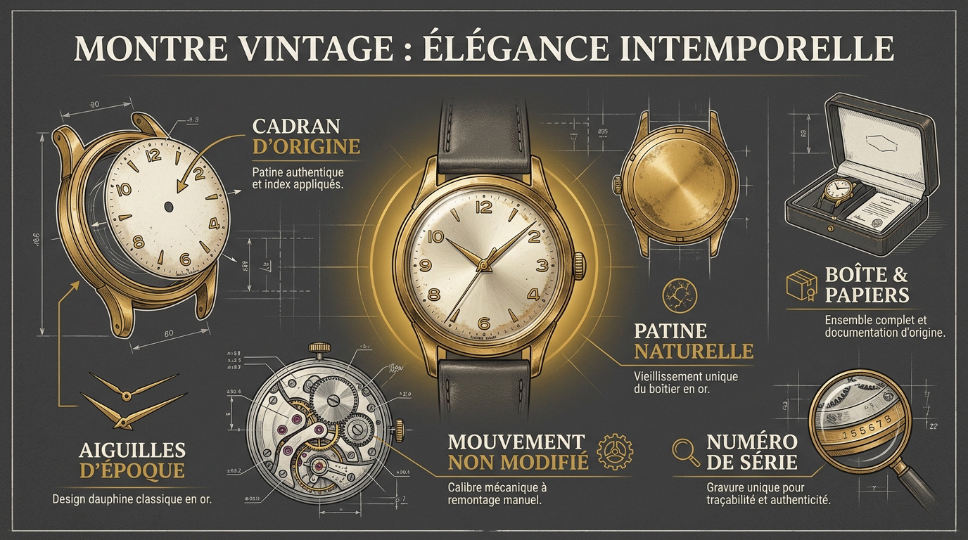 Détail d'une montre vintage avec cadran patiné et aiguilles d'origine