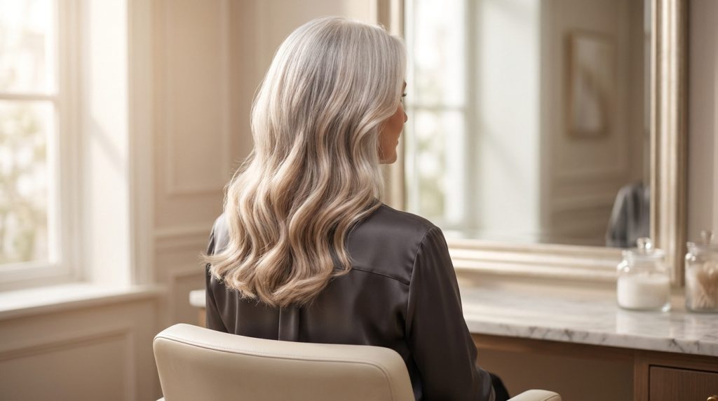 Femme aux cheveux blancs longs et ondulés vue de dos devant un miroir.
