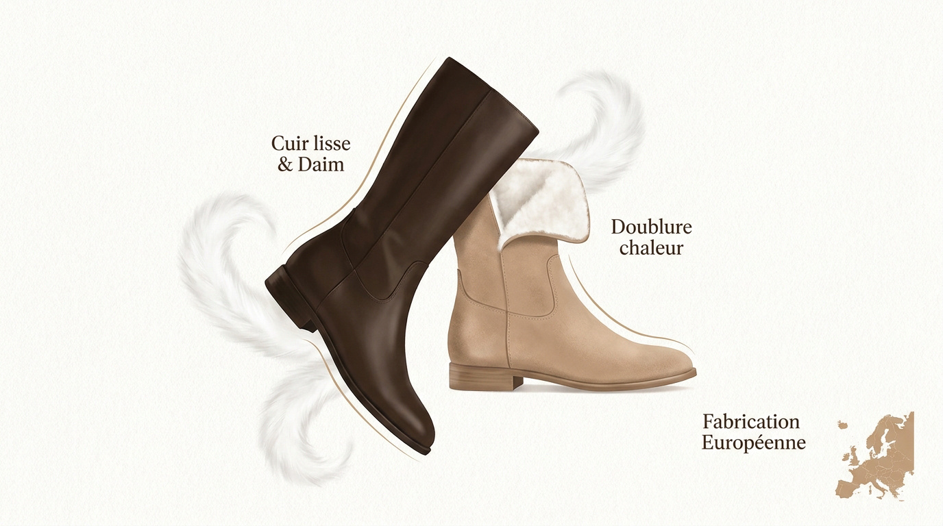Bottes élégantes en cuir et daim avec doublure fourrée pour l'hiver