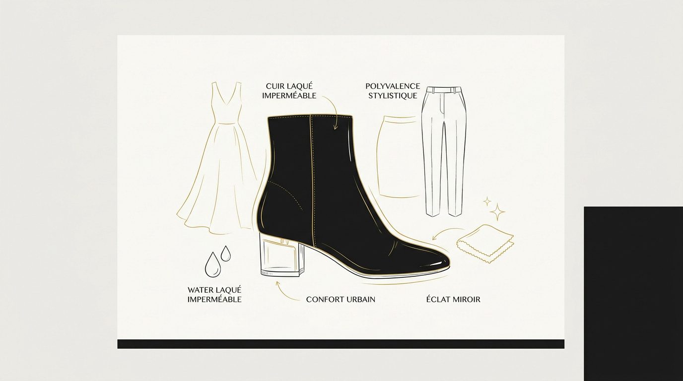 Botte femme noir vernis élégante avec talon modéré