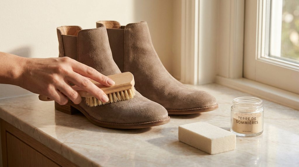 Une main utilise une brosse en bois pour nettoyer une bottine en daim beige sur un comptoir en marbre.