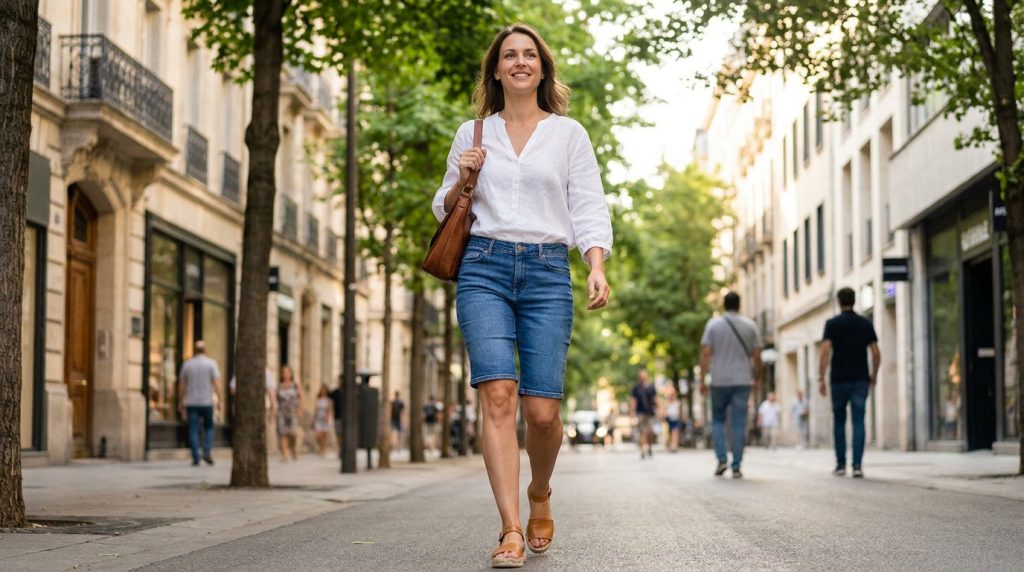 Une femme souriante marche dans une rue parisienne en portant un bermuda en jean et un chemisier blanc.