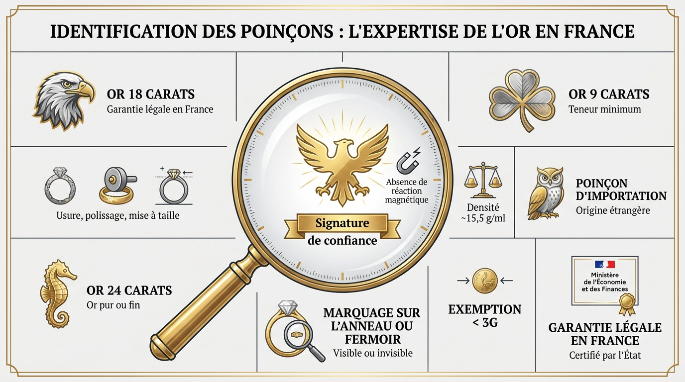 Gros plan sur les poinçons officiels français tête d'aigle et trèfle sur des bijoux en or
