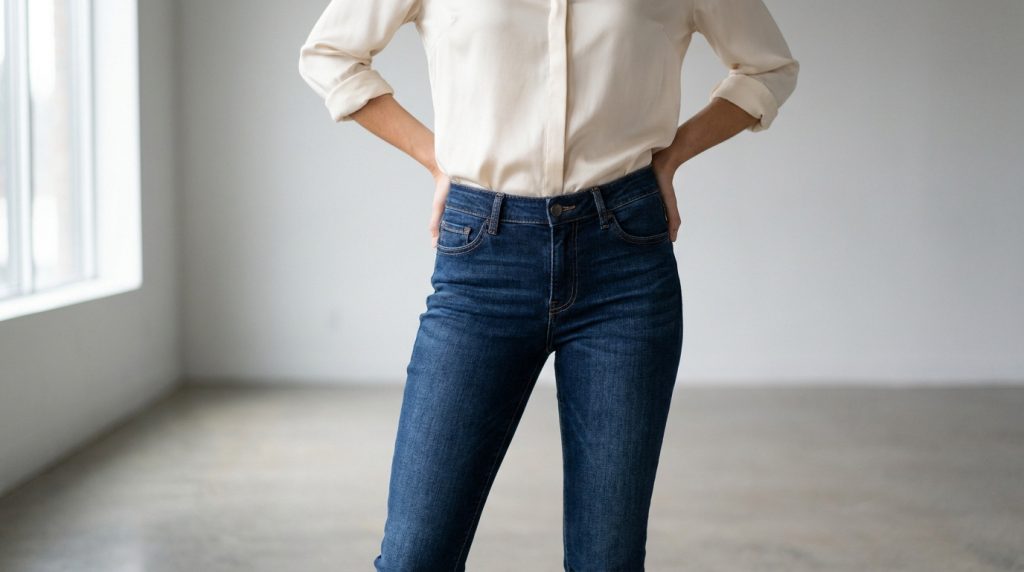 Femme portant un jean push-up bleu foncé et une chemise beige dans un studio lumineux.