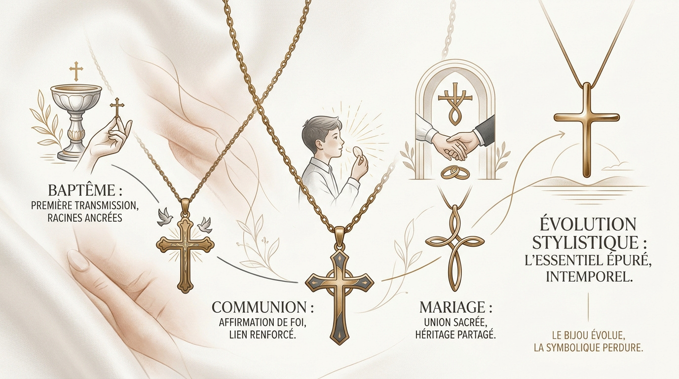 Évolution stylistique du collier croix entre tradition orfèvre et design contemporain