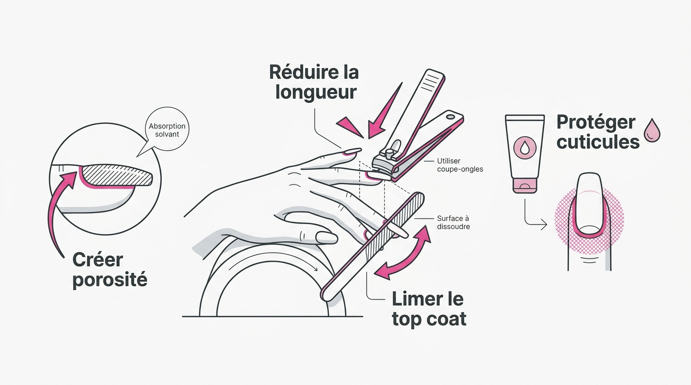 Préparation des faux ongles avant le retrait : coupe et limage de la surface