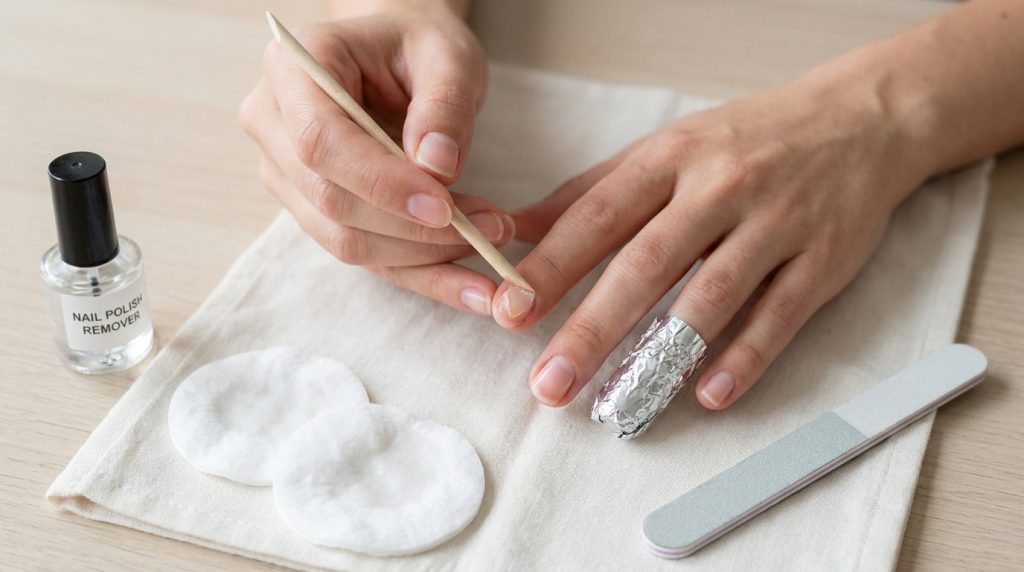 Mains retirant un vernis semi-permanent avec un bâtonnet en bois, du dissolvant et du papier aluminium.