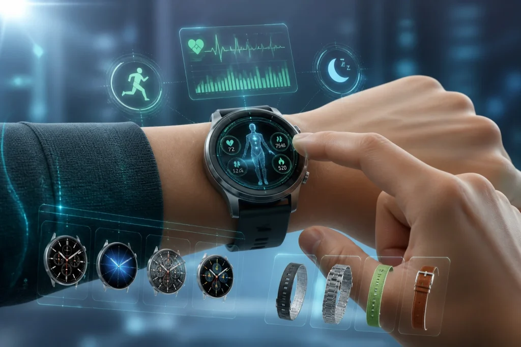 Montre connectee futuriste avec options de personnalisation