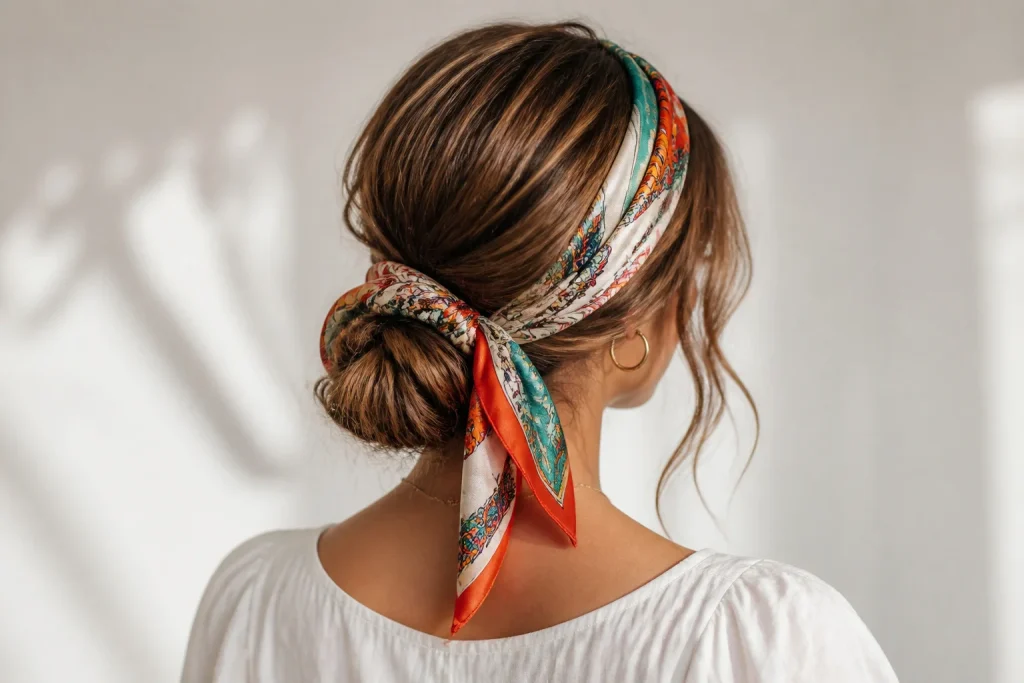 Chignon elegant avec foulard en soie