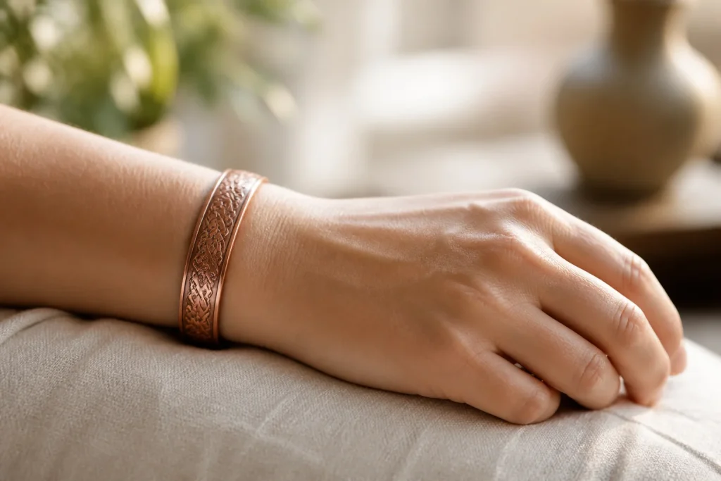 Bracelet en cuivre et main apaisee