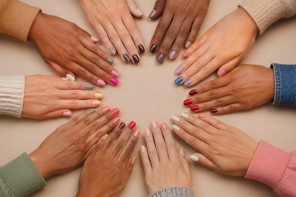 Cercle de mains aux ongles colores