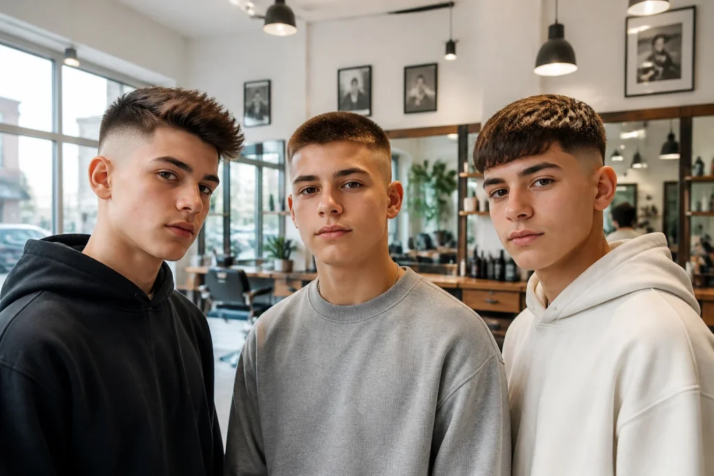 Trois jeunes hommes et leurs coupes de cheveux tendance