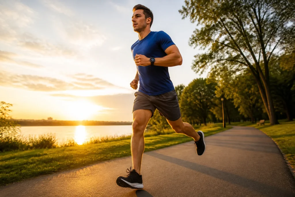 Course au levercoucher du soleil dans un parc