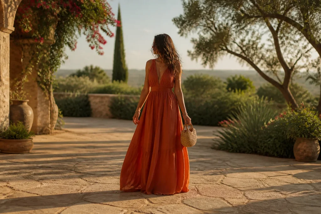 Femme en robe terracotta au jardin