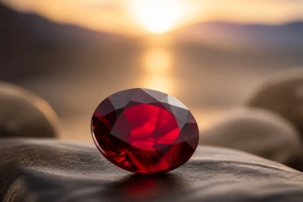 Grenat rouge eclatant sur fond doux