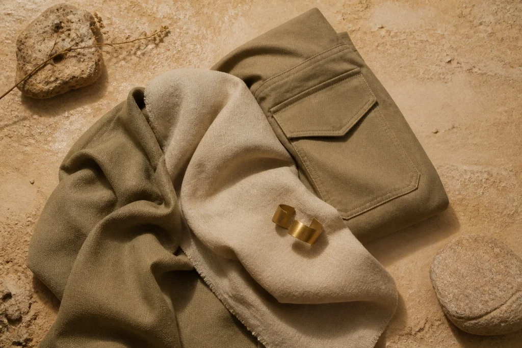 Harmonie kaki et textures naturelles