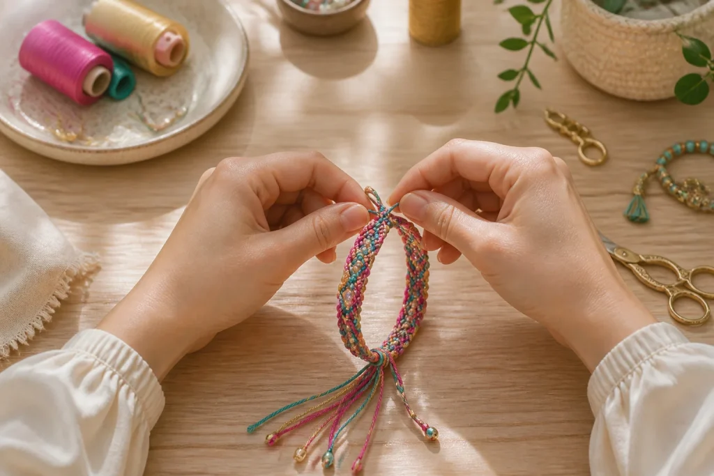 Mains creatives fabriquant un bracelet colore