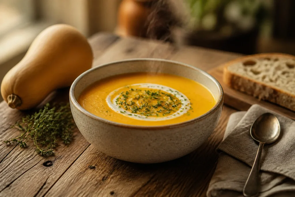 Veloute de courge musquee fumant sur table rustique