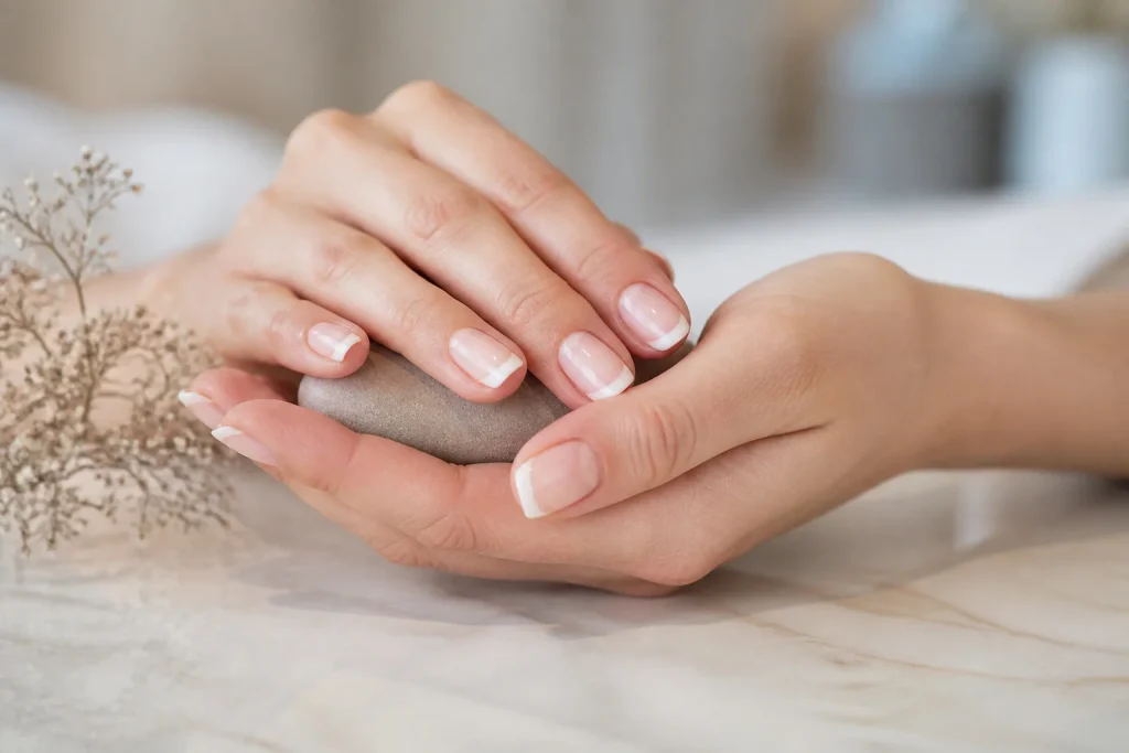 Mains elegantes aux ongles baby boomer
