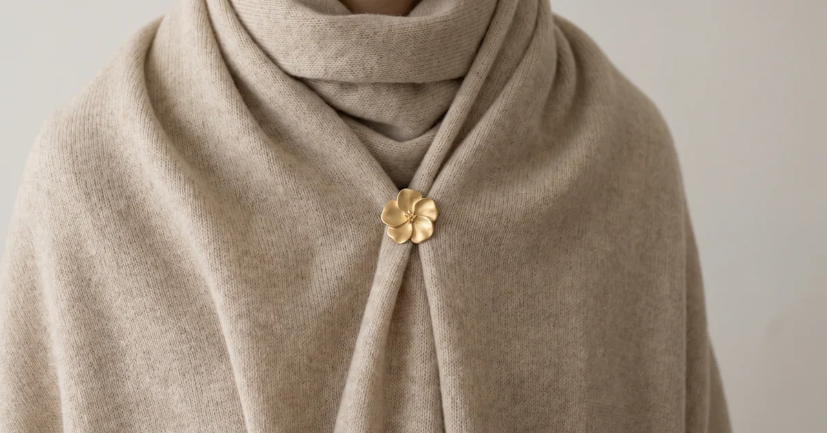 Écharpe en laine beige dont les deux pans sont maintenus par une petite broche dorée à motif de fleur