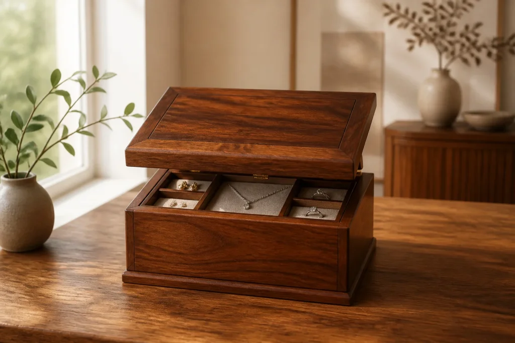 Boite a bijoux en bois luxueuse et organisee