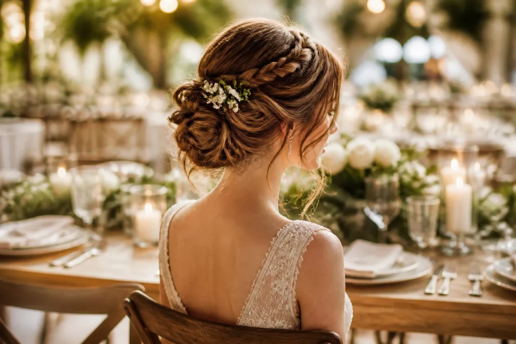Chignon de mariage elegant avec tresses et fleurs