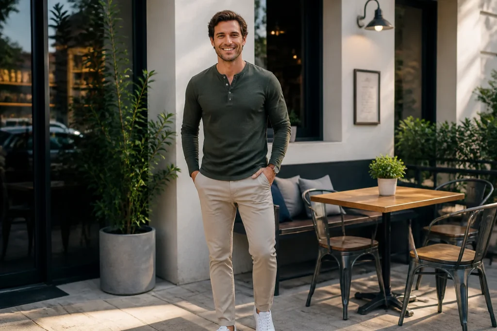 Homme chic en henley style urbain