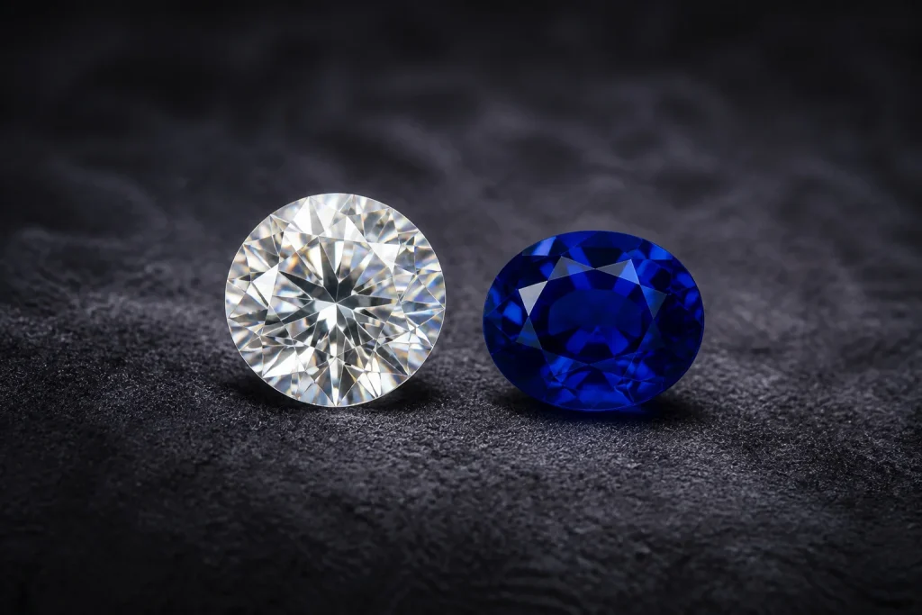 Diamant et saphir eclatants sur velours