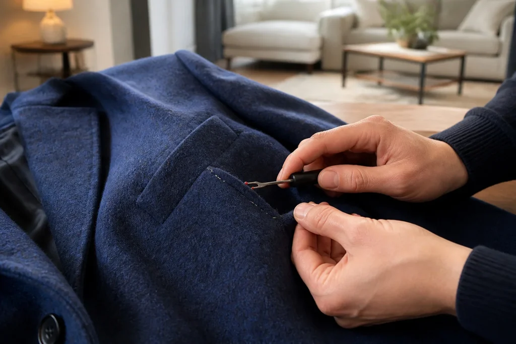 Detail dun manteau bleu marine