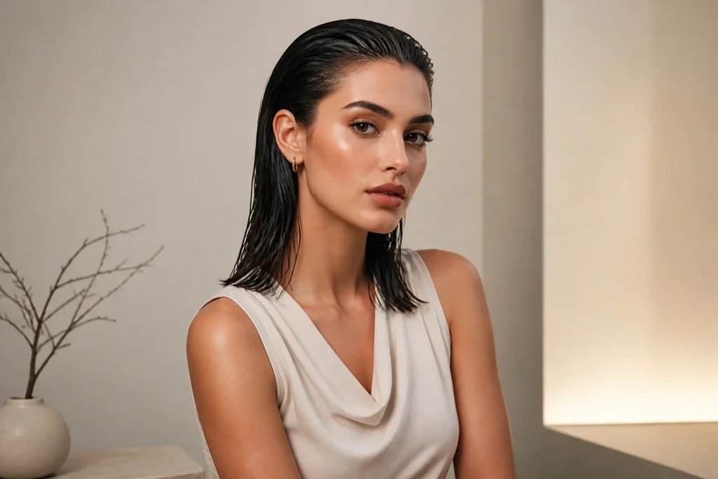 Coiffure effet mouille sophistiquee