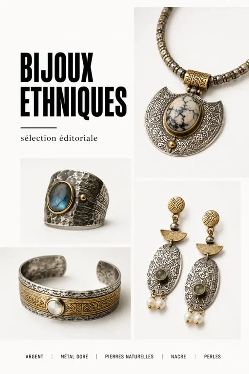 Bijoux ethniques en argent, doré, laiton et pierres naturelles sur fond neutre