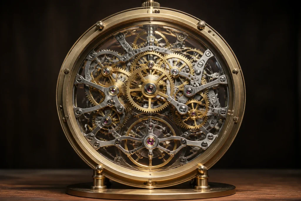 Mecanisme dhorloge complexe en laiton et acier