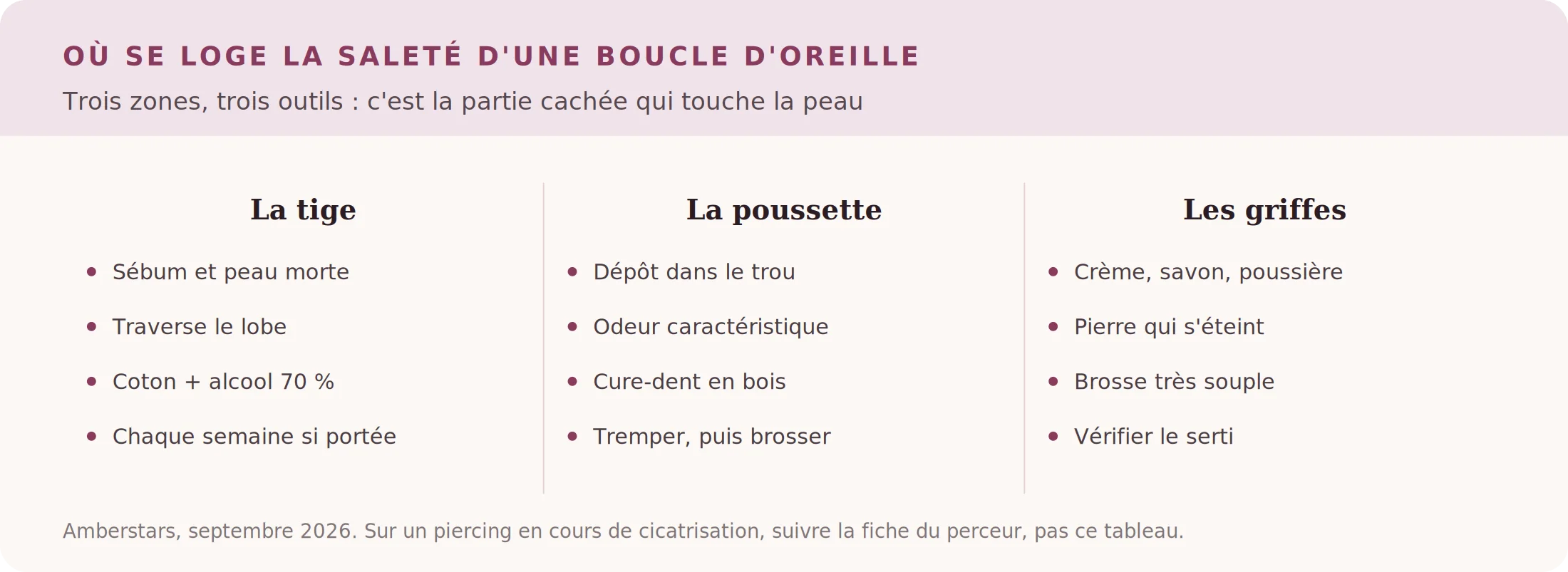 Infographie : les trois zones d'une boucle d'oreille où s'accumule la saleté, la tige, la poussette et les griffes, avec l'outil adapté à chacune