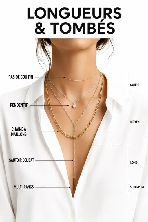 Tendance collier : composition éditoriale de colliers ras de cou, pendentif, maillons et sautoir