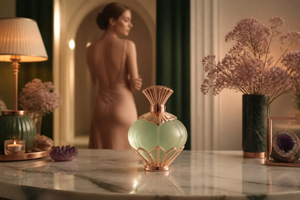Flacon de parfum luxueux sur marbre